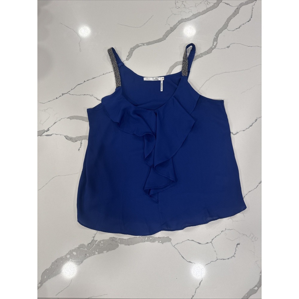 HAVE Royal Blue Ruffle Front Blouse Beaded Straps Sleeveless Top Medium
